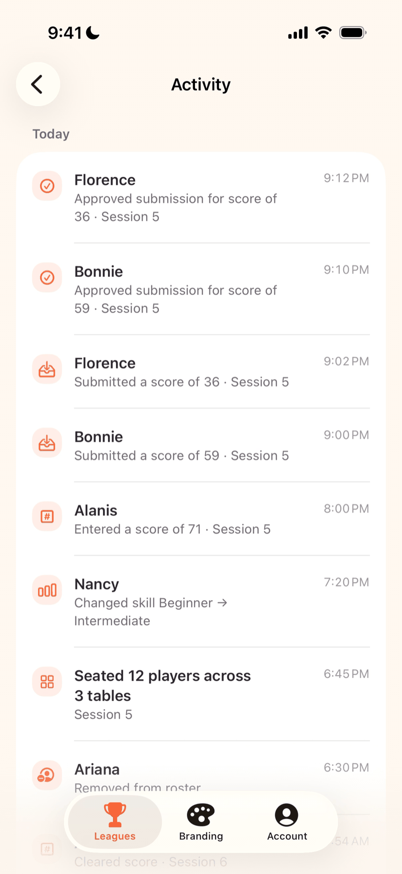 Mahjboard activity log — a timeline of every score and roster change