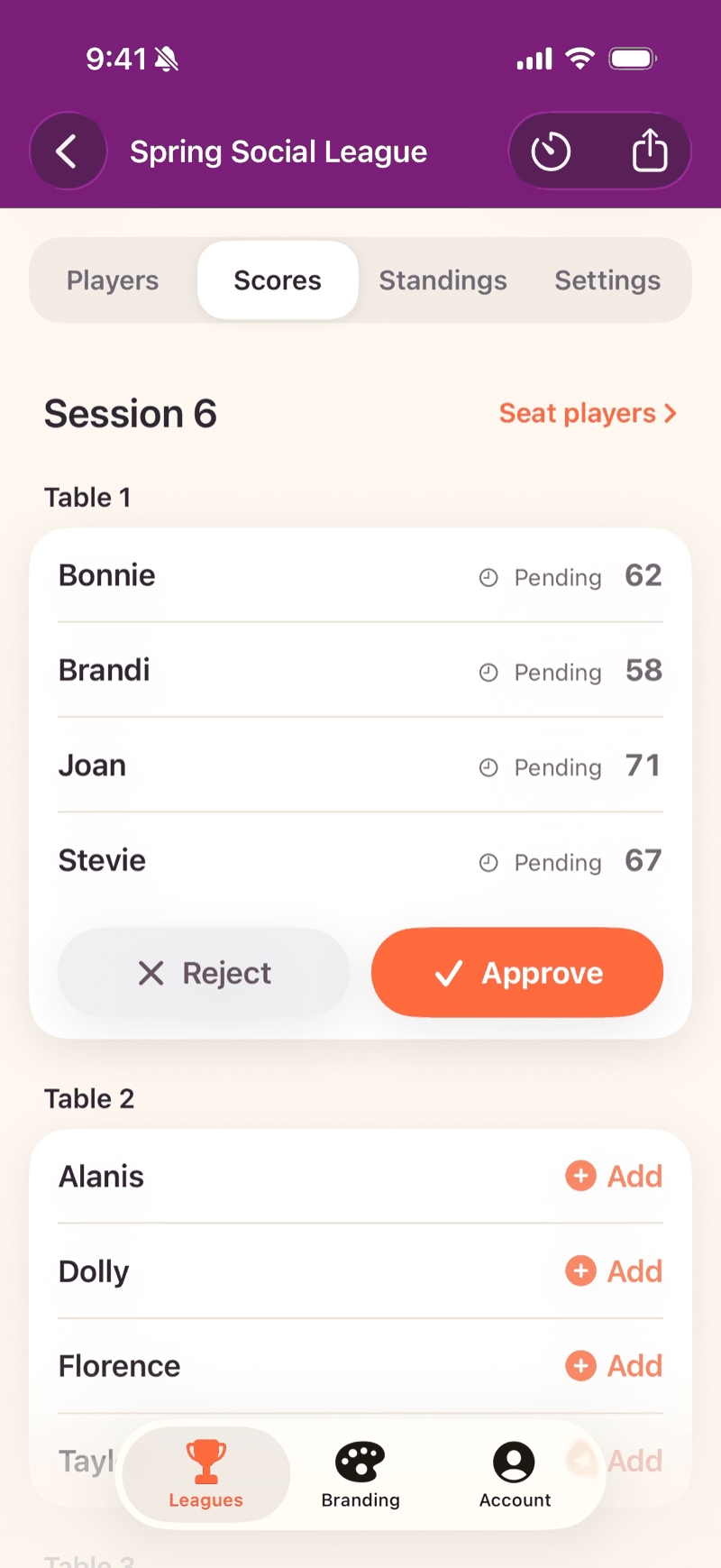 Mahjboard score approvals — players' submitted scores pending review, with Approve and Reject