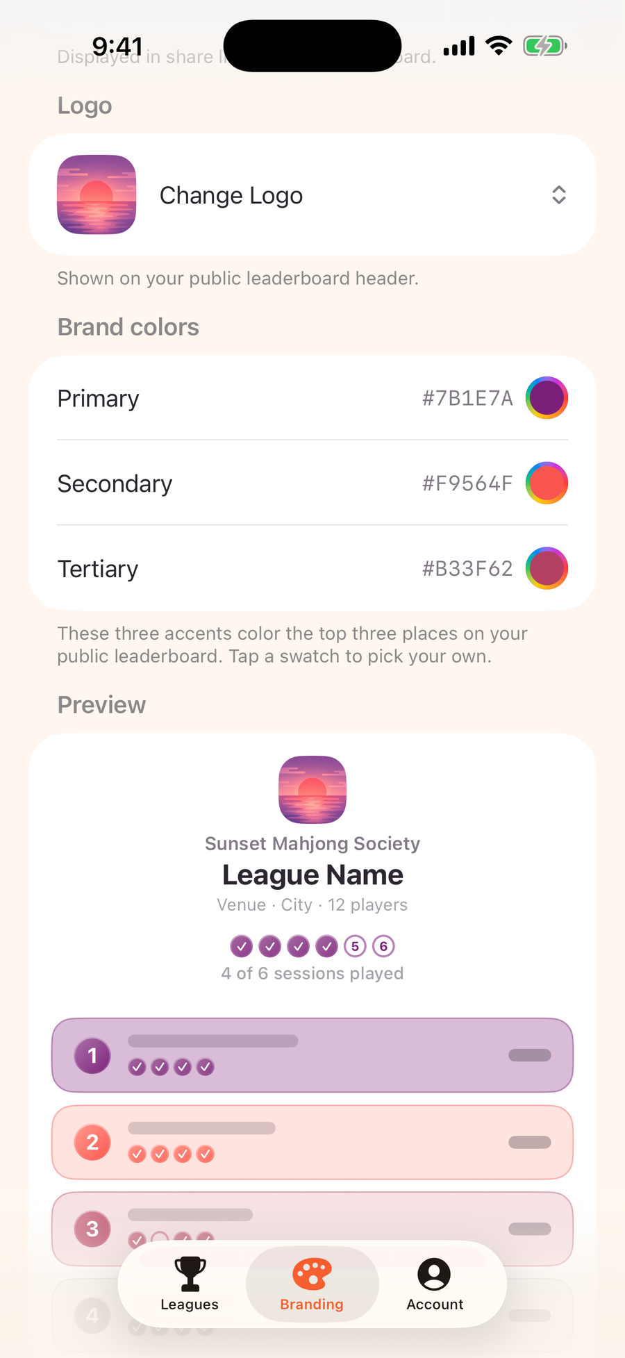Mahjboard branding screen — custom logo and brand colors with a live leaderboard preview