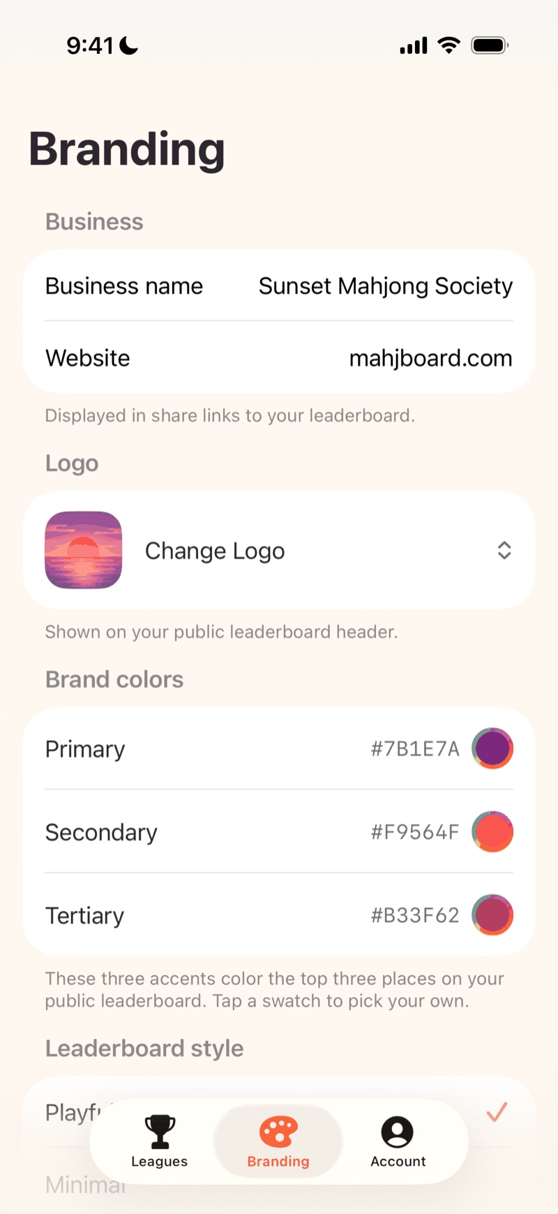 Mahjboard branding screen — set your business name, website, logo, and brand colors