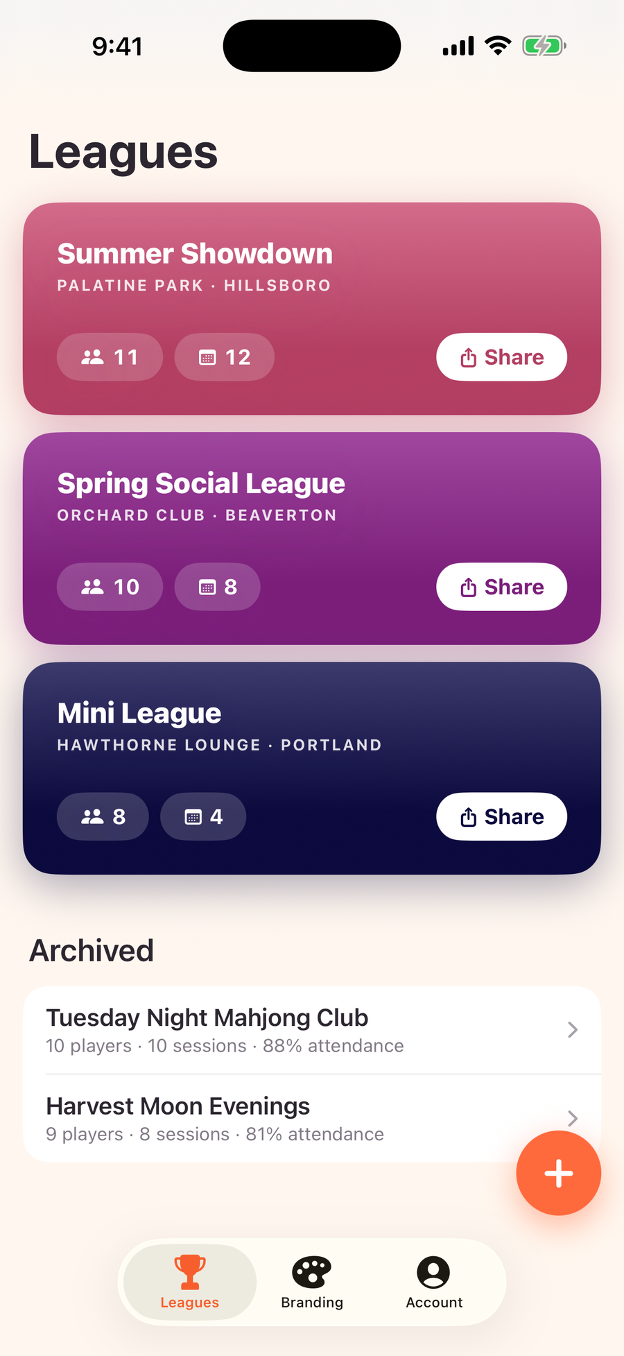 Mahjboard leagues list — multiple seasons, each with a share button