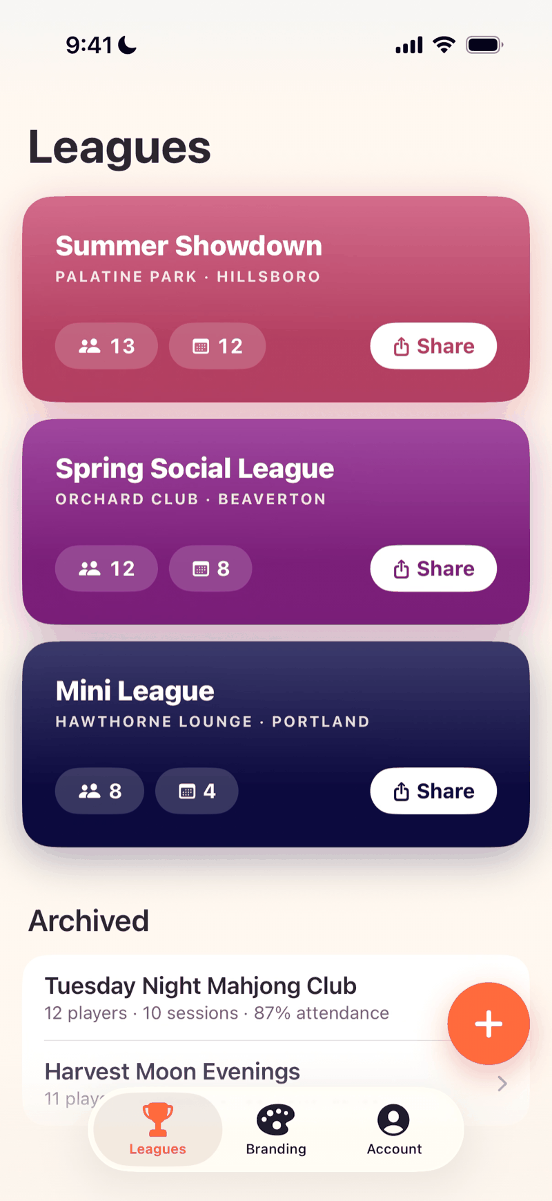 Mahjboard leagues list — multiple seasons, each with a share button