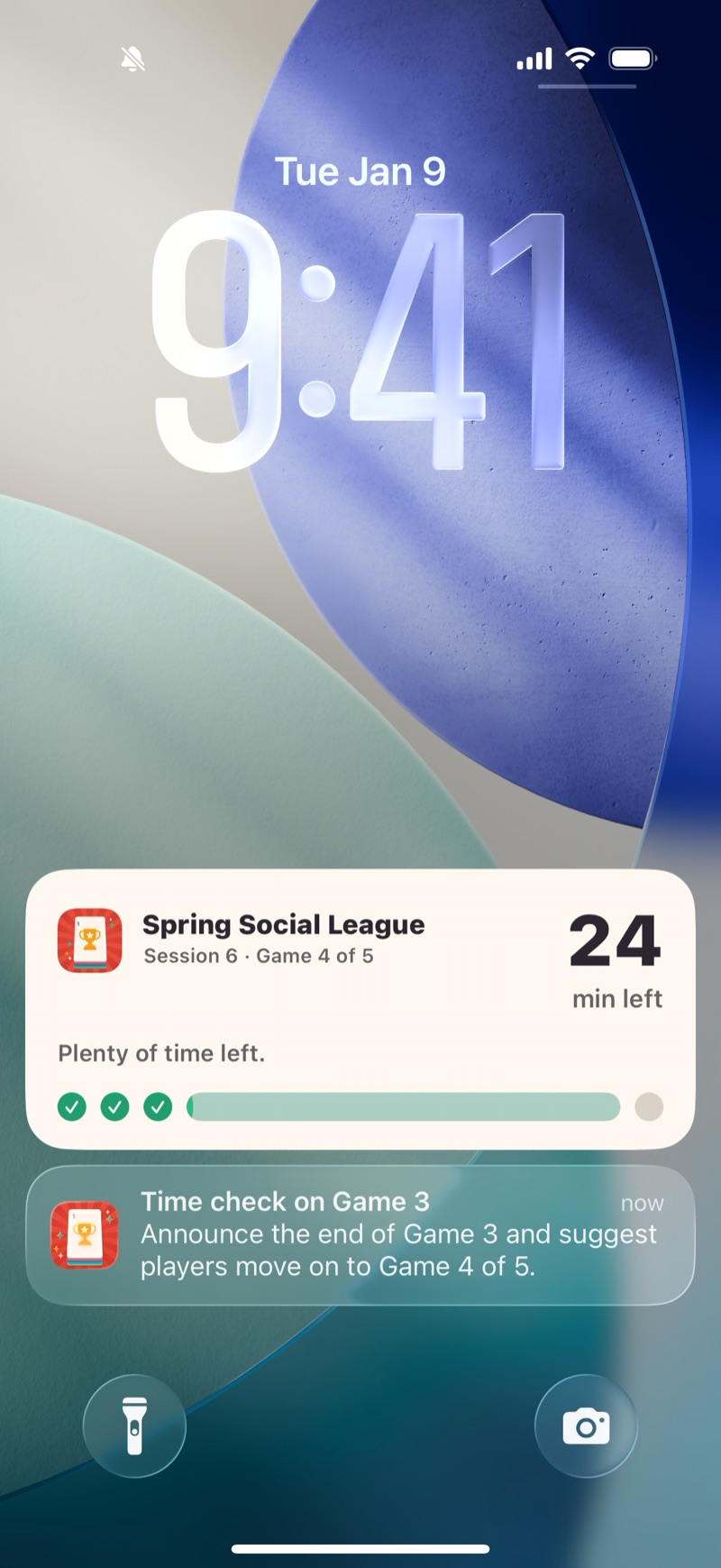 Mahjboard pacing timer on an iPhone lock screen — 24 minutes left, on Game 4 of 5