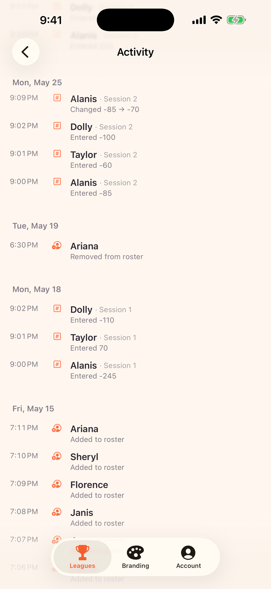 Mahjboard activity log — a timeline of every score and roster change