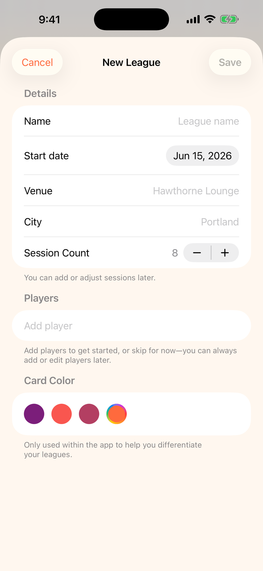 Mahjboard new-league screen — naming a league, setting venue, sessions, and players