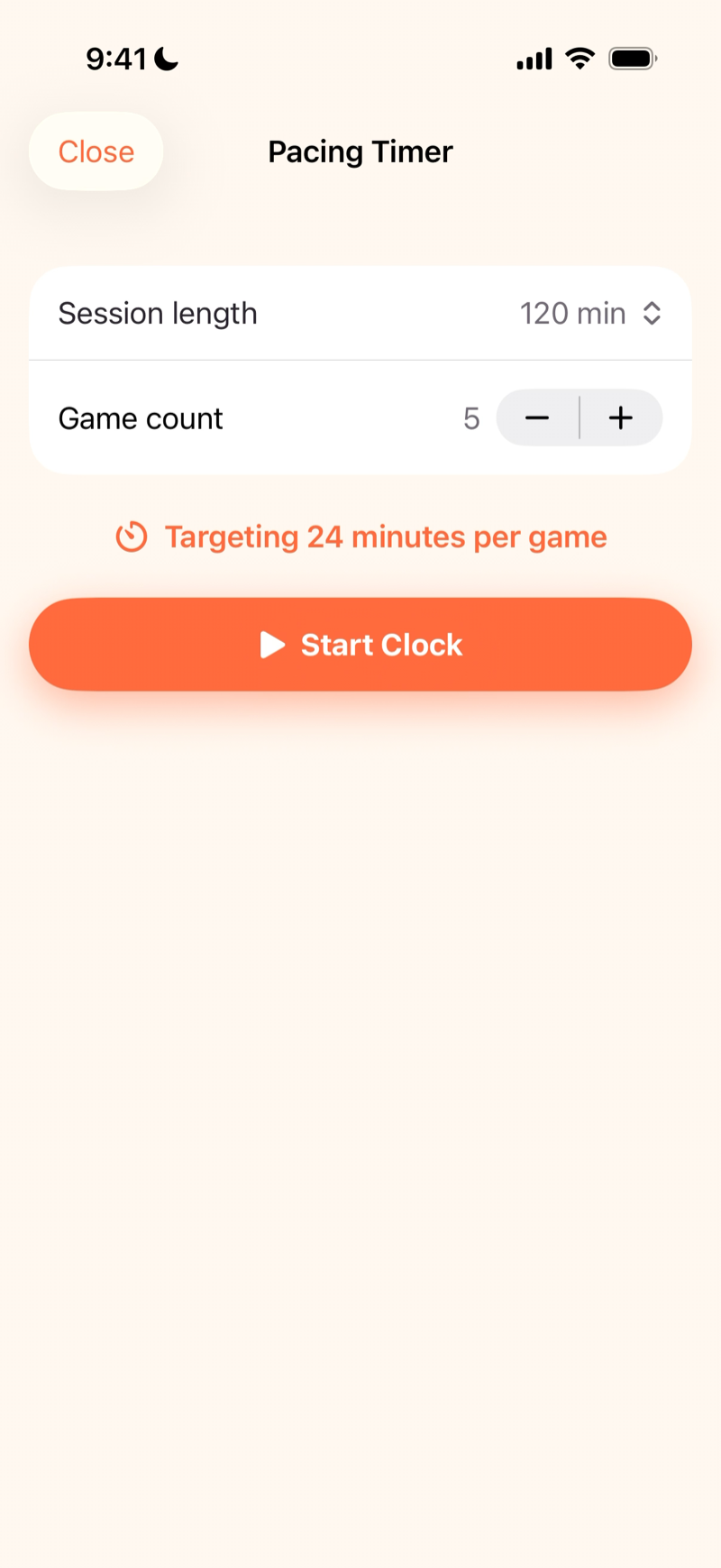 Mahjboard pacing-timer setup — set how long the night runs and how many games to aim for