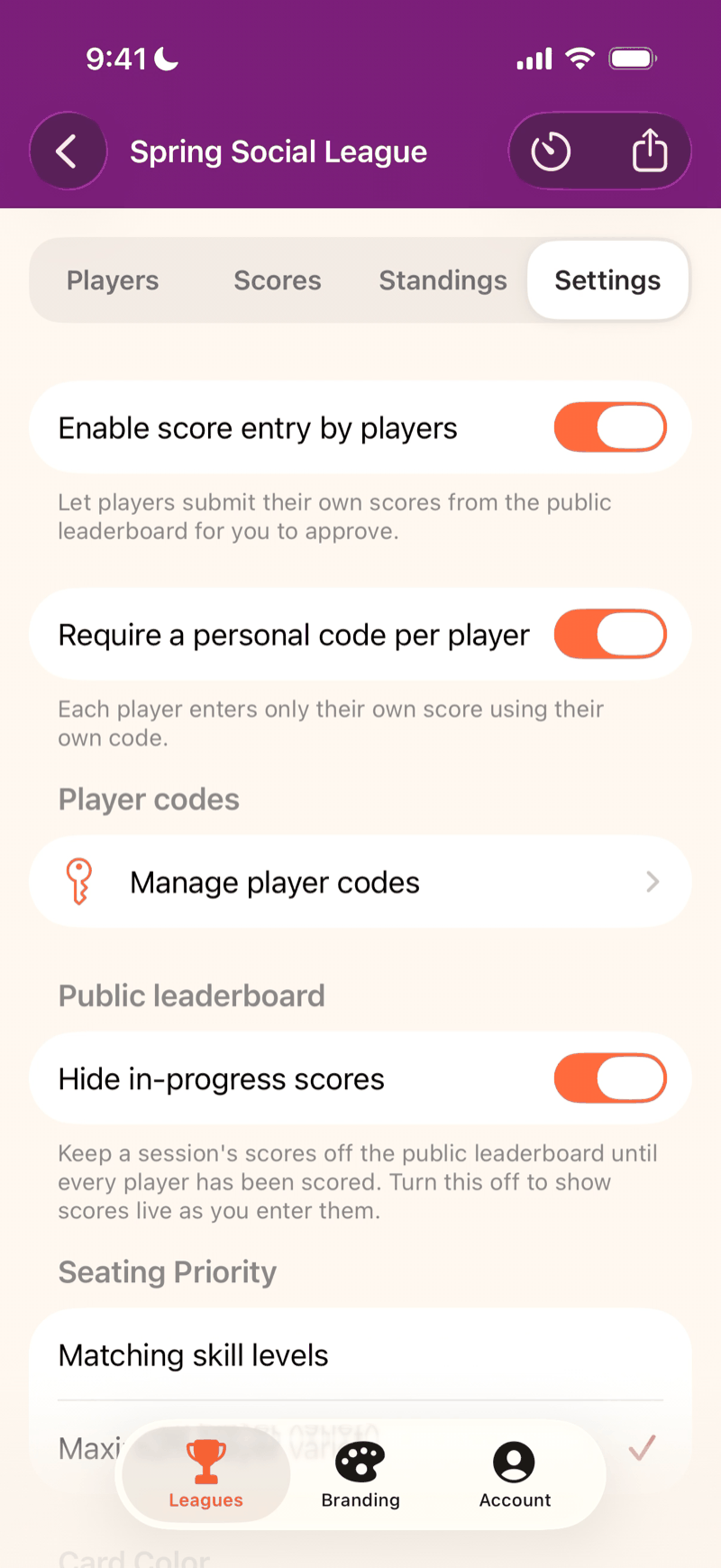 Mahjboard league settings — Enable score entry by players, with a personal code per player