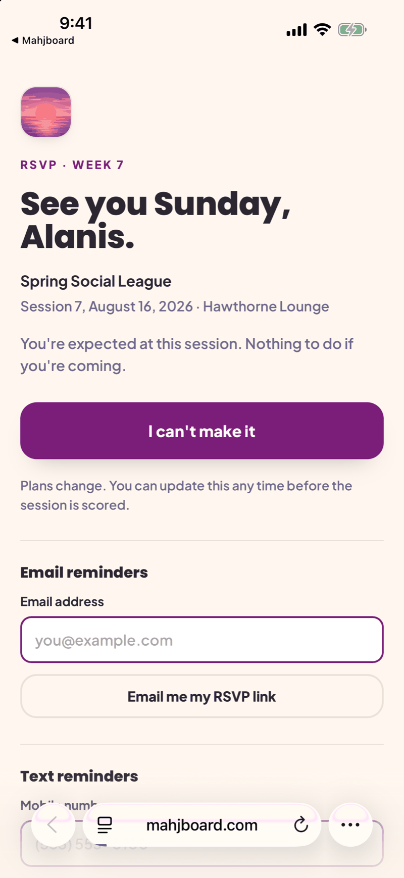 A player's own RSVP page open in their phone browser — one button to say they cannot make it, with the sessions still to come listed below
