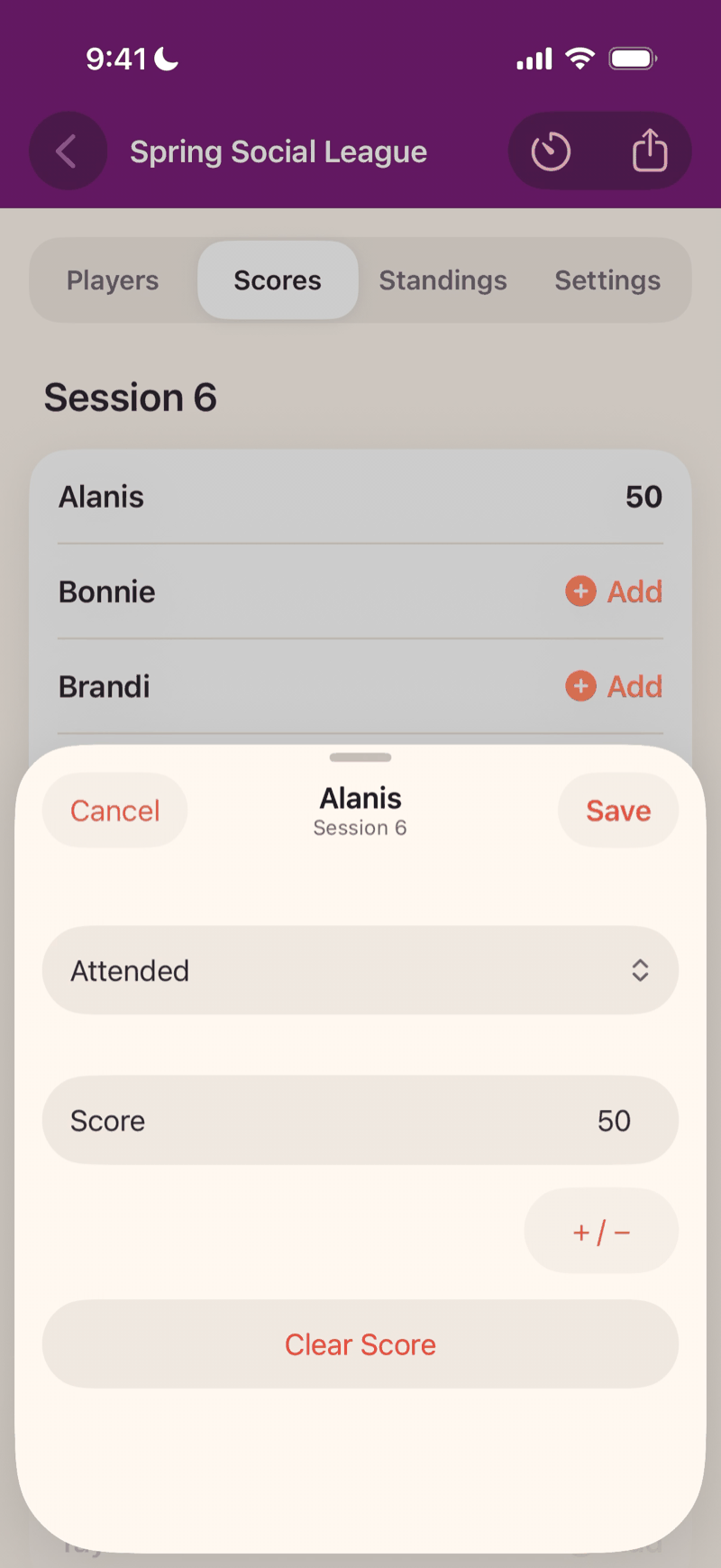 Mahjboard score-entry screen — entering one score per player for a session