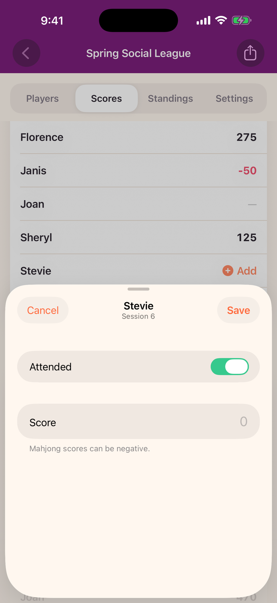 Mahjboard score-entry screen — entering one score per player for a session