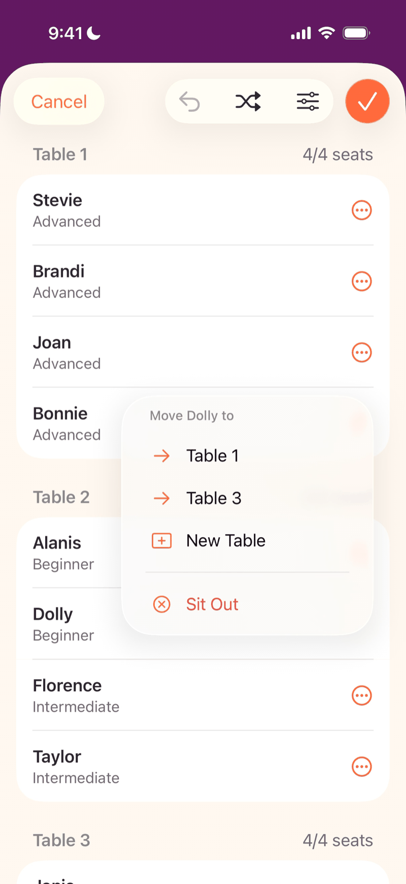 Mahjboard table-seating screen — auto-built tables grouped by skill level, with a menu to move a player, sit them out, or start a new table