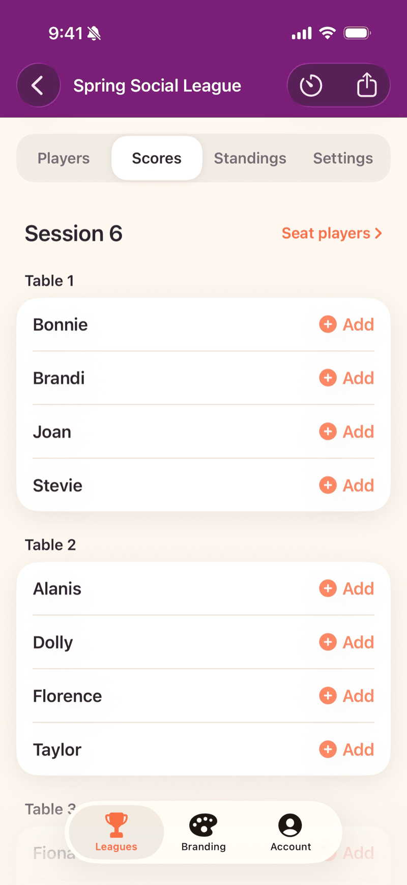 Mahjboard session organized by table — each table's players ready for score entry