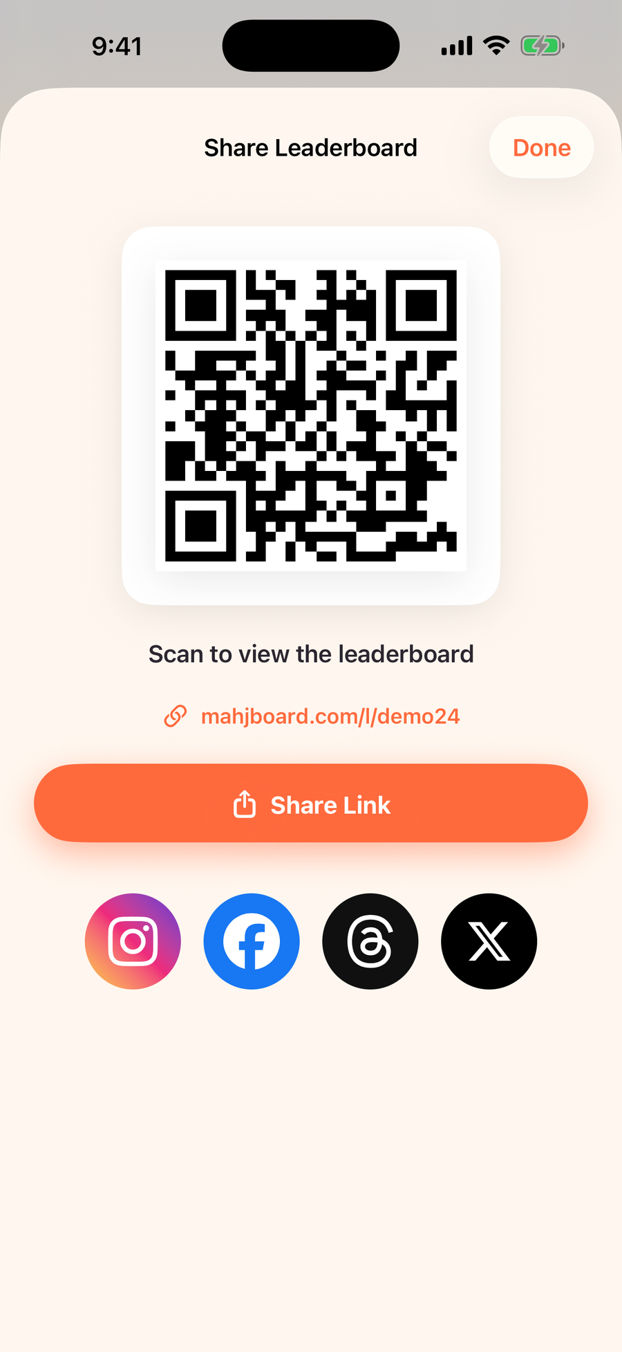 Mahjboard share sheet — QR code and public leaderboard link to send to players