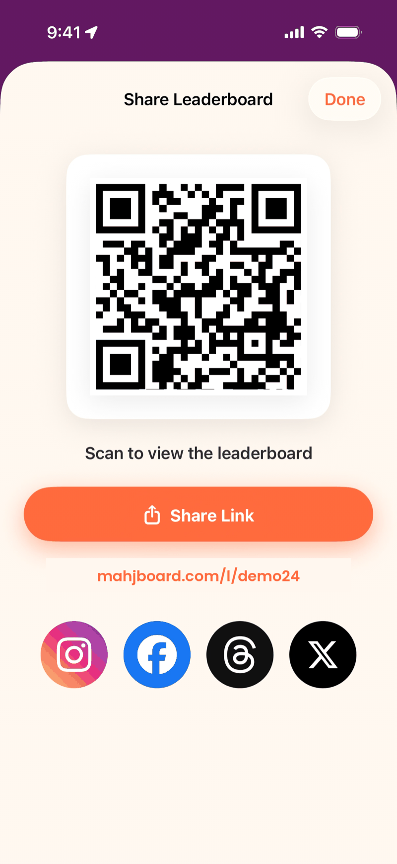 Mahjboard share sheet — QR code and public leaderboard link to send to players
